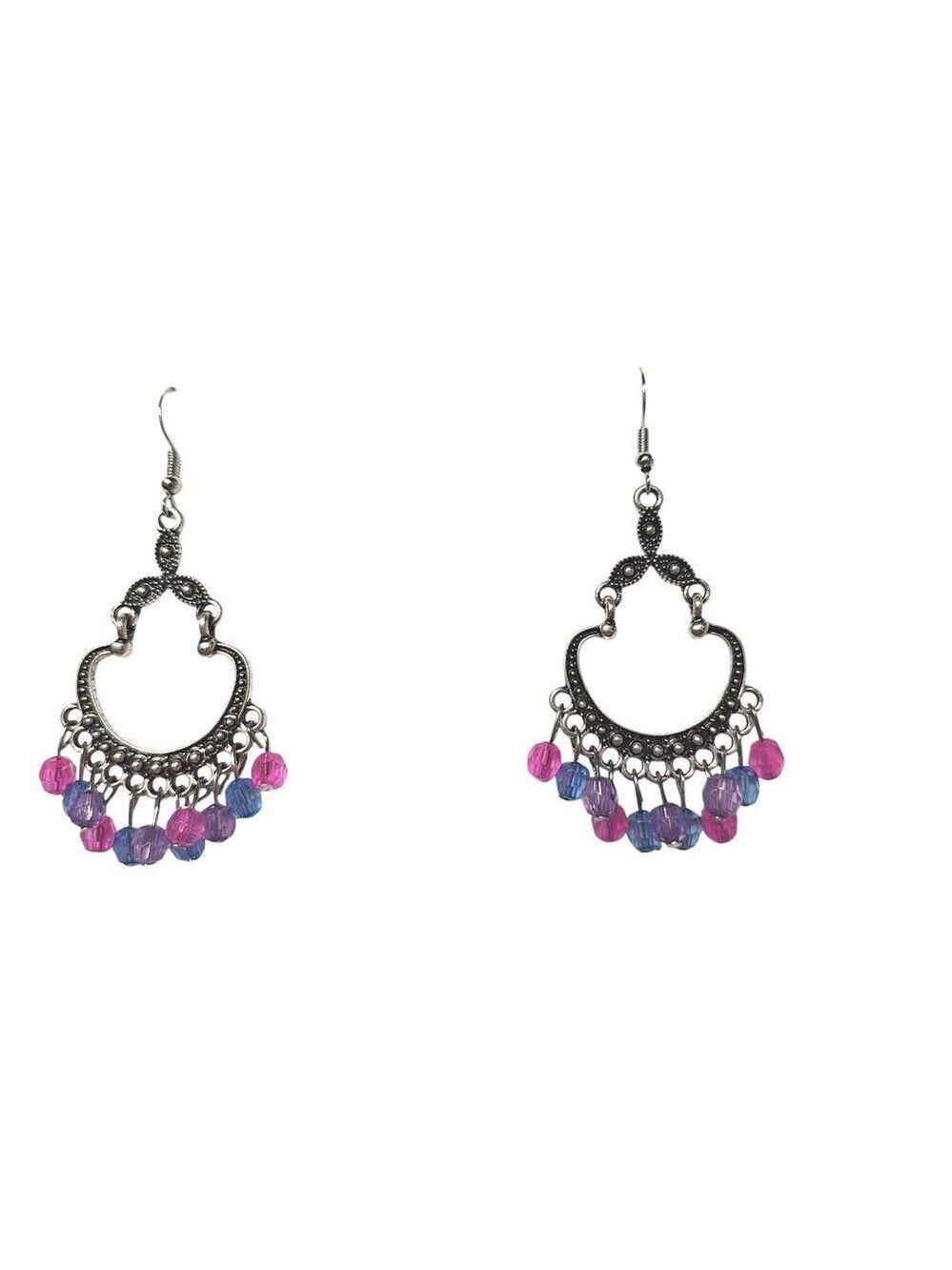 Silver Chandelier Earrings Pink and Blue Beads